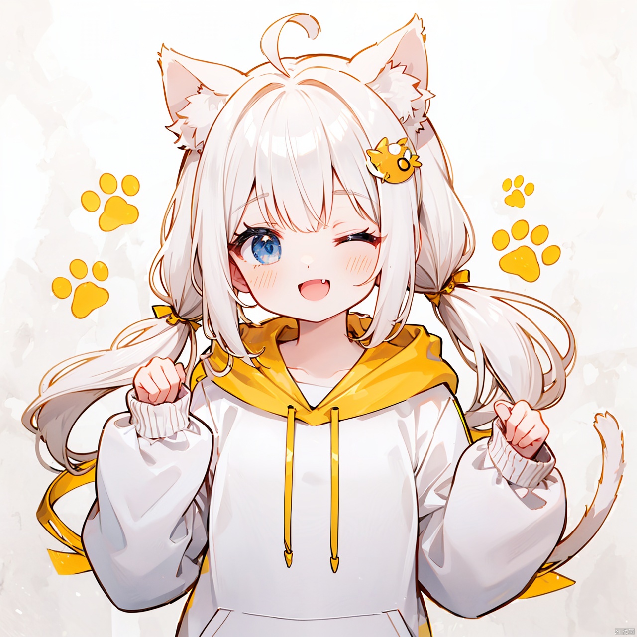  (8k, RAW photo, best quality, masterpiece:1.2),(yellow theme:1.6),loli, solo, long hair, looking at viewer, blush, smile, open mouth, bangs, blue eyes, hair ornament, long sleeves, white background, animal ears, twintails, upper body, ahoge, white hair, one eye closed, hairclip, fang, cat ears, hand up, hood, animal ear fluff, sleeves past wrists, hoodie, hood down, ;d, clothes writing, drawstring, paw print, white hoodie,
jpe-hd,ll-hd, ty-hd, pf-hd