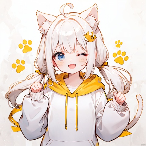  (8k, RAW photo, best quality, masterpiece:1.2),(yellow theme:1.6),loli, solo, long hair, looking at viewer, blush, smile, open mouth, bangs, blue eyes, hair ornament, long sleeves, white background, animal ears, twintails, upper body, ahoge, white hair, one eye closed, hairclip, fang, cat ears, hand up, hood, animal ear fluff, sleeves past wrists, hoodie, hood down, ;d, clothes writing, drawstring, paw print, white hoodie,
jpe-hd,ll-hd, ty-hd, pf-hd