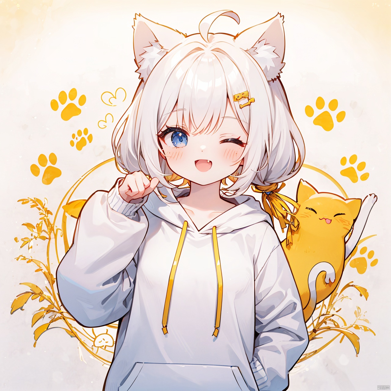  (8k, RAW photo, best quality, masterpiece:1.2),(yellow theme:1.6),loli, solo, long hair, looking at viewer, blush, smile, open mouth, bangs, blue eyes, hair ornament, long sleeves, white background, animal ears, twintails, upper body, ahoge, white hair, one eye closed, hairclip, fang, cat ears, hand up, hood, animal ear fluff, sleeves past wrists, hoodie, hood down, ;d, clothes writing, drawstring, paw print, white hoodie,
jpe-hd,ll-hd, ty-hd, pf-hd