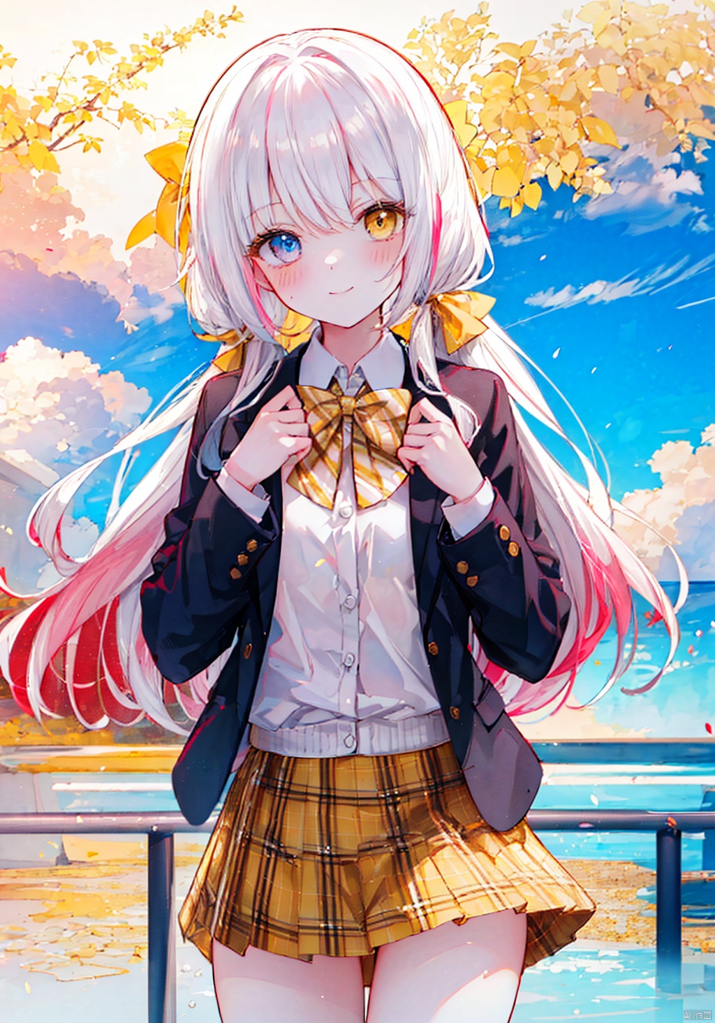  (8k, RAW photo, best quality, masterpiece:1.2),(yellow theme:1.6),loli, solo, long hair, looking at viewer, blush, smile, bangs, blue eyes, skirt, shirt, red eyes, long sleeves, bow, hair between eyes, twintails, very long hair, closed mouth, school uniform, standing, jacket, white shirt, pink hair, white hair, hair bow, multicolored hair, cowboy shot, pleated skirt, outdoors, open clothes, sky, striped, collared shirt, cloud, miniskirt, bowtie, red bow, open jacket, plaid, hands up, dress shirt, gradient hair, red skirt, low twintails, heterochromia, plaid skirt, blazer, red bowtie, sunset, striped bow, railing,
jpe-hd,ll-hd, ty-hd, pf-hd