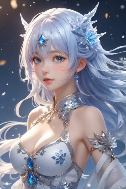  ((best quality)), ((masterpiece)), ((ultra-detailed)), extremely detailed CG, (illustration), ((detailed light)), (an extremely delicate and beautiful), a girl, solo, ((upper body,)), ((cute face)), expressionless, (beautiful detailed eyes), full breasts, (medium breasts:1.2), blue dragon eyes, (Vertical pupil:1.2), white hair, shiny hair, colored inner hair, [Armor_dress], blue_hair ornament, ice adorns hair,depth of field, [ice crystal], (snowflake), dofas, tqj-hd, chinese new year