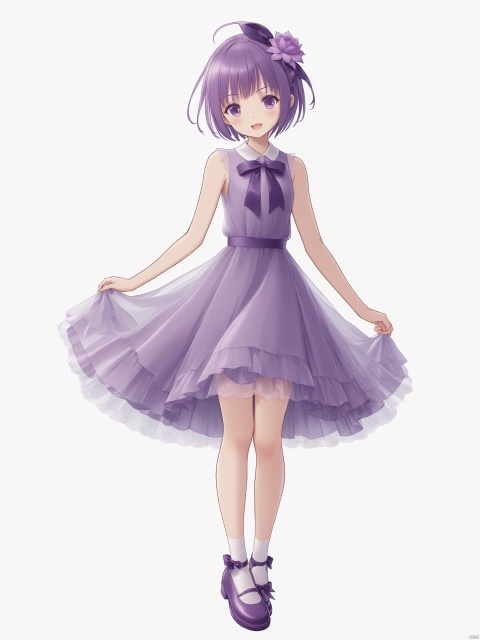  Artist_tinker_bell_(pixiv_10956015) 1girl, solo, dress, purple hair, purple eyes, hair flower, skirt hold, open mouth, hair ornament, shoes, flower, short hair, looking at viewer, mary janes, ribbon, smile, socks, :d, simple background, white background, sleeveless dress, see-through, sleeveless, full body, purple dress, wrist cuffs, bobby socks, blush, see-through silhouette, standing
