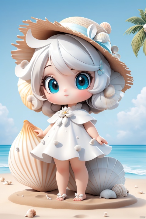  (masterpiece), (best quality), Exquisite visuals, high-definition, (ultra detailed), finely detail, ((solo)), (white Silver hair), (gradient Blue), (beautiful detailed eyes), Kawai, loveliness,standing, ((full body)),
a shell with short white hair, anthropomorphic shells, wearing a white shell outfit . (((Shell clothes：1.8, and hats))).
The environment is next to the beach, with coconut trees and many seashells on the beach
, bk-hd,a cartoon girl surfing on the sea, complex, sand, palm trees, (cute big eyes: 1.2), high definition, animation style, key visual, vibrant,