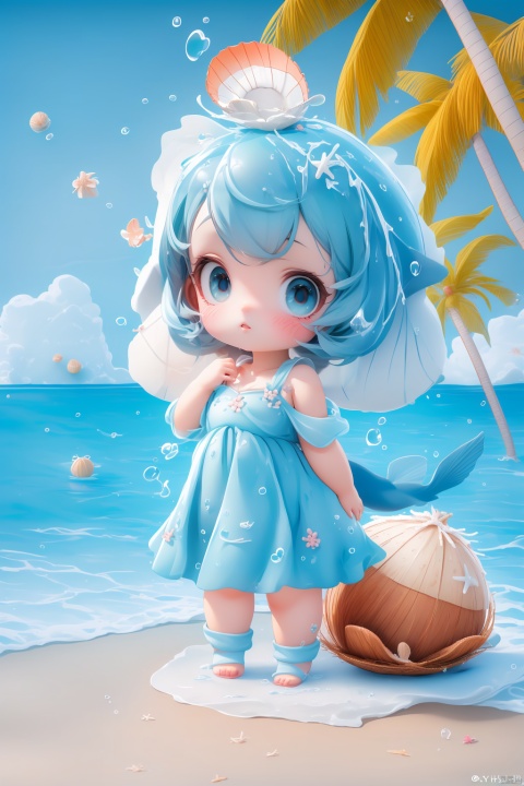  (masterpiece), (best quality), Exquisite visuals, high-definition, (ultra detailed), finely detail, Kawai, loveliness, standing, ((full body)), a slightly shy loli ,The environment is next to the beach, with coconut trees and many seashells on the beach,, ty-hd, jpp-hd, gf-hd, ll-hd