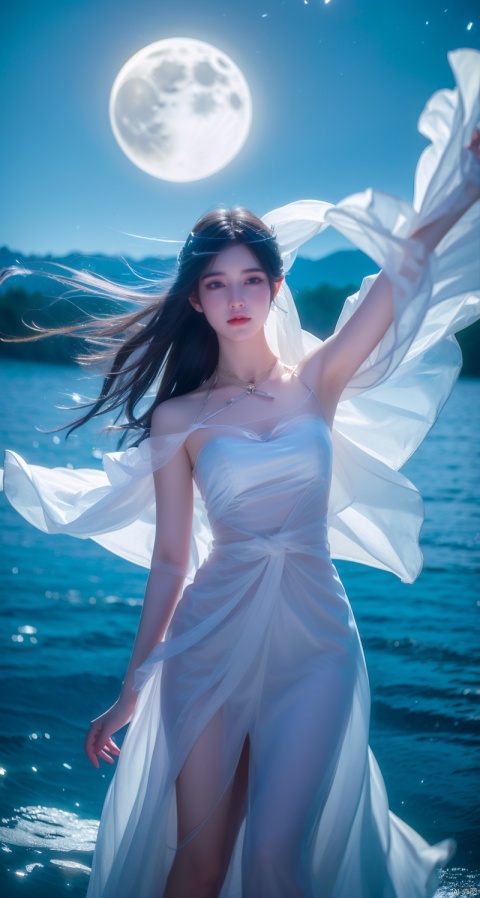  1 girl,(translucent white gauze dress:1.3), (moon), moonlight, water surface, long hair, windy, qingyi, ll-hd, pf-hd, ty-hd
