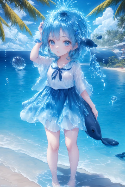  (masterpiece), (best quality), Exquisite visuals, high-definition, (ultra detailed), finely detail, Kawai, loveliness, standing, ((full body)), a slightly shy loli with short blue hair,anthropomorphic whale,a center cut, (child:1.2),whale clothing,blue skirt,(((spray water on the head, there is a water column on the head))),there are many colorful bubbles around,melting clothes, clothes made of water,whale tail,The environment is next to the beach, with coconut trees and many seashells on the beach,, ty-hd, jpp-hd