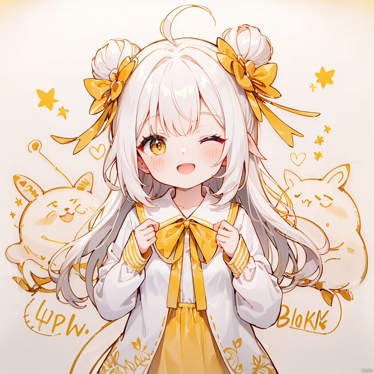  (8k, RAW photo, best quality, masterpiece:1.2),(yellow theme:1.6),loli,solo, long hair, looking at viewer, blush, smile, open mouth, bangs, simple background, shirt, red eyes, long sleeves, white background, dress, ribbon, hair ribbon, white shirt, upper body, white hair, one eye closed, puffy sleeves, hair bun, star \(symbol\), english text, v, blue dress, hair intakes, ;d, blue ribbon, puffy long sleeves
jpe-hd,ll-hd, ty-hd, pf-hd