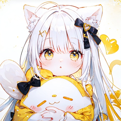  (8k, RAW photo, best quality, masterpiece:1.2),(yellow theme:1.6),loli, solo, long hair, looking at viewer, blush, bangs, blue eyes, simple background, hair ornament, long sleeves, white background, bow, animal ears, tail, upper body, ahoge, white hair, hair bow, heart, parted lips, cat ears, :o, cat tail, black bow, stuffed toy, stuffed animal, x hair ornament, cat girl, heart hair ornament
jpe-hd,ll-hd, ty-hd, pf-hd