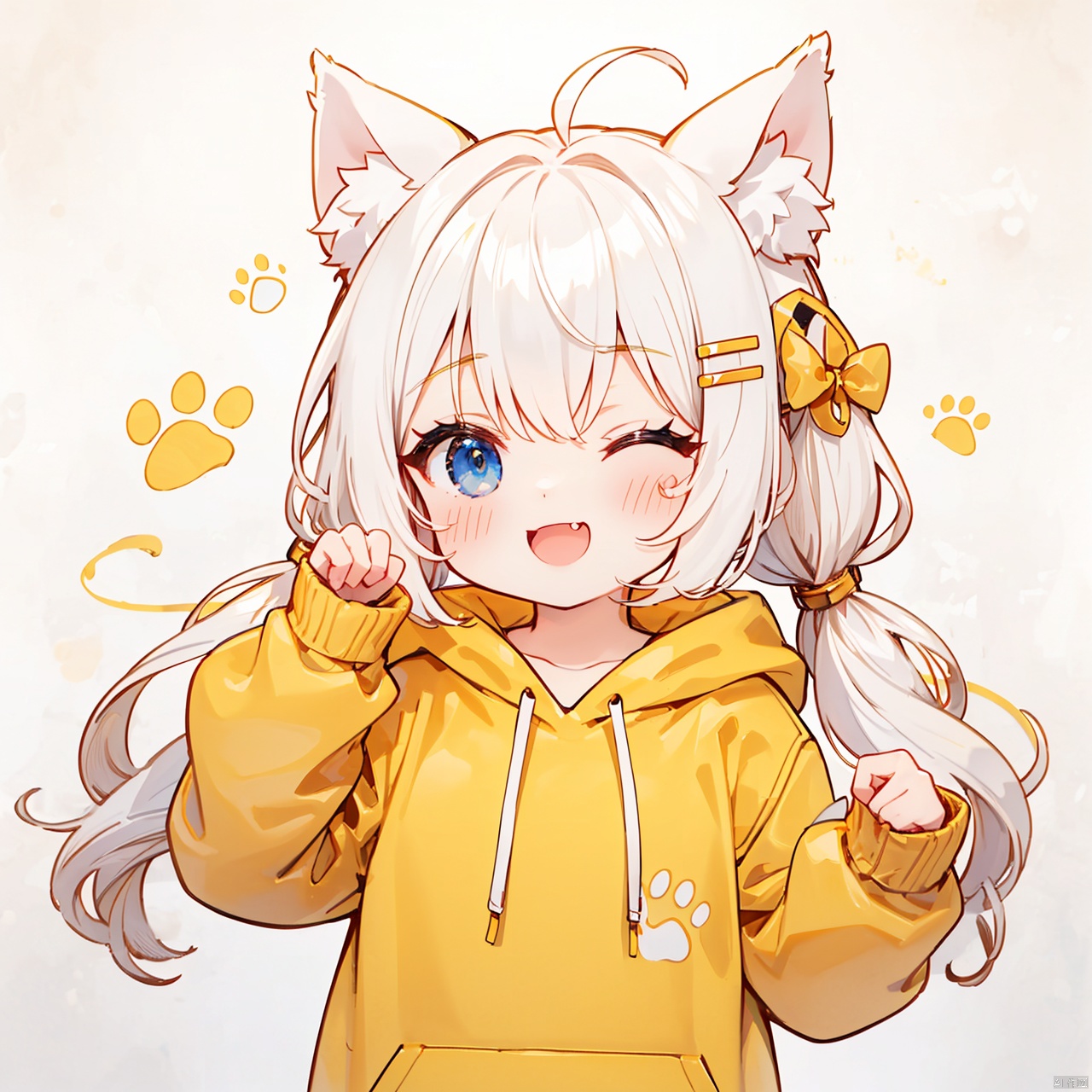  (8k, RAW photo, best quality, masterpiece:1.2),(yellow theme:1.6),loli, solo, long hair, looking at viewer, blush, smile, open mouth, bangs, blue eyes, hair ornament, long sleeves, white background, animal ears, twintails, upper body, ahoge, white hair, one eye closed, hairclip, fang, cat ears, hand up, hood, animal ear fluff, sleeves past wrists, hoodie, hood down, ;d, clothes writing, drawstring, paw print, white hoodie,
jpe-hd,ll-hd, ty-hd, pf-hd