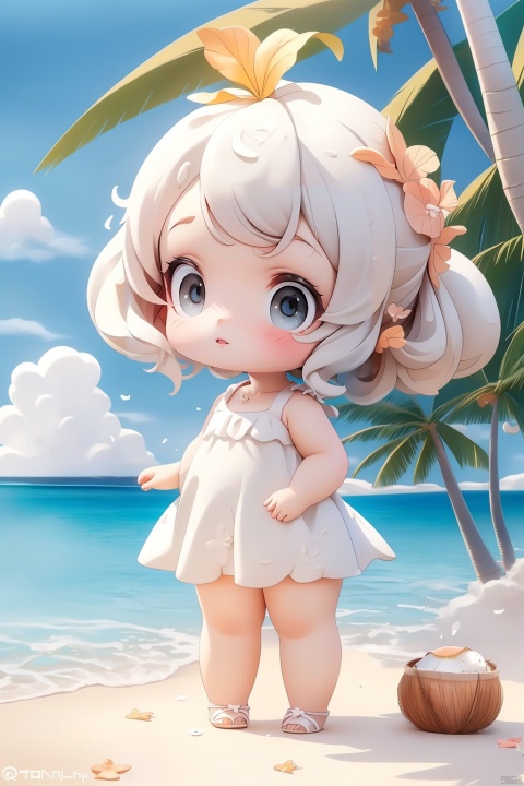  (masterpiece), (best quality), Exquisite visuals, high-definition, (ultra detailed), finely detail, Kawai, loveliness, standing, ((full body)), a slightly shy loli ,The environment is next to the beach, with coconut trees and many seashells on the beach,, ty-hd, jpp-hd, gf-hd