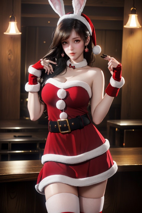 (8k, RAW photo, best quality, masterpiece:1.2),hatching (texture),skin gloss,light persona,
(high detailed skin),glossy skin,
1girl,solo,very long hair,rabbit ears,animal ears,bare shoulders,belt,christmas,red dress,fingerless gloves,santa costume,striped thighhighs,
xwhd,looking at viewer,