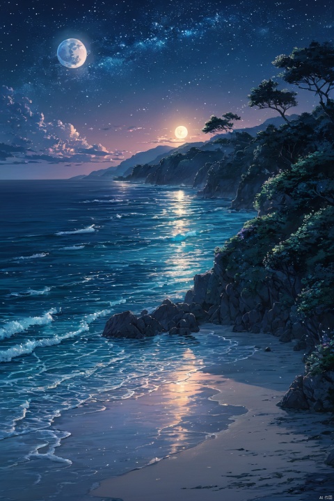  (masterpiece, top quality, best quality, official art, beautiful and aesthetic:1.2),(1girl:1.2),cute,extreme detailed,outdoors, sky, cloud, water, tree, no humans, night, ocean, beach, moon, star \(sky\), night sky, scenery, starry sky, sunset, rock, sand, sun, horizon, waves, shore