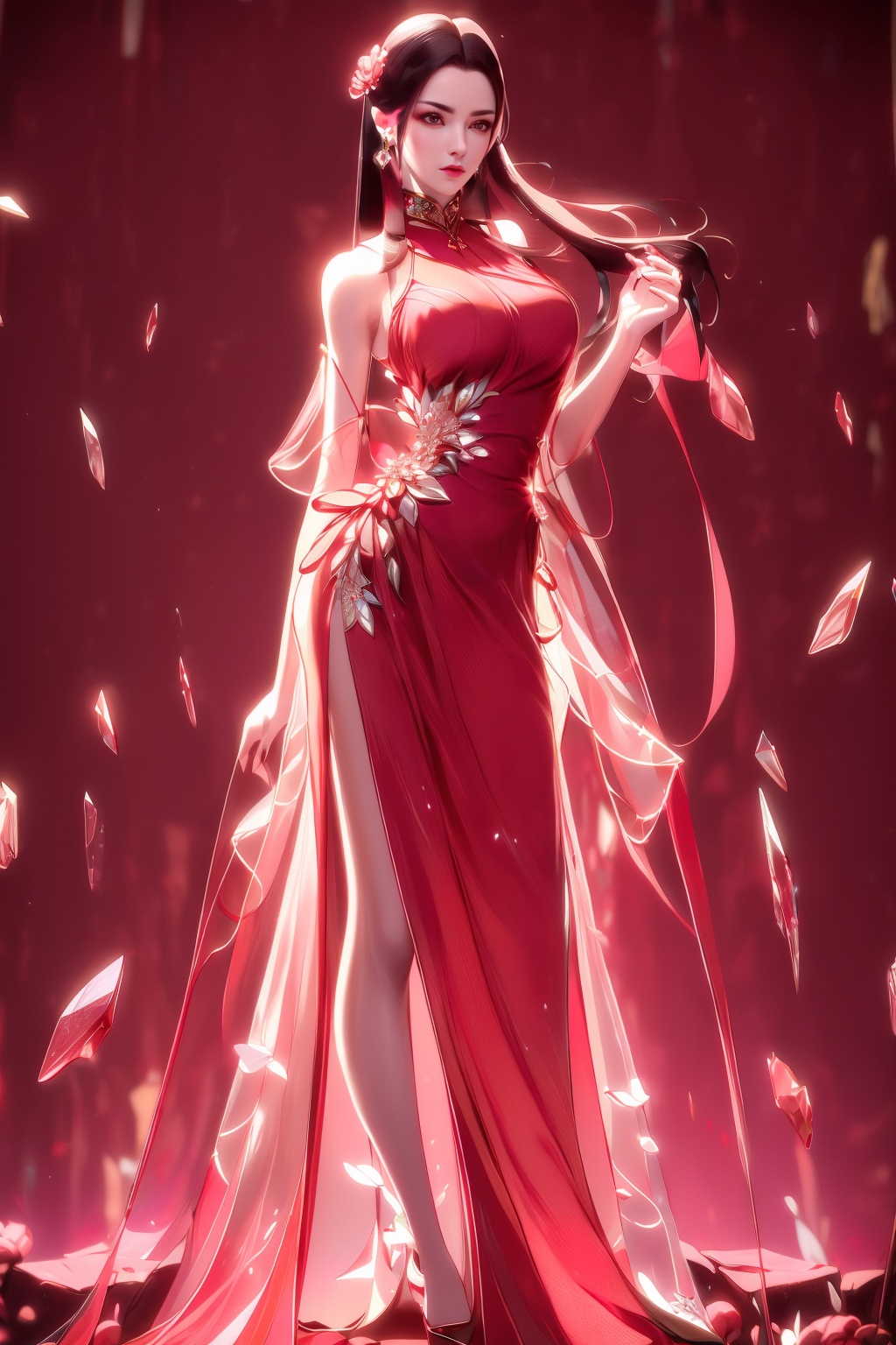 Masterpiece, top quality, 1 girl, hanfu, Summer clothes, exquisite details, sheer dress, Sexy, high quality, 8k,(Red) Dress,red dress, Long Black Hair,  Beautiful Custom Figure,(1 Girl), (Delicate and Gorgeous Crystal:1.4) , 
(Peonies blossom background:1.4),houtufeng,yuyao,meimo,mds-hd