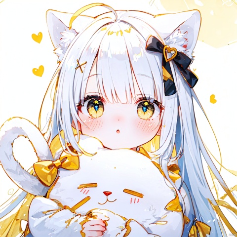  (8k, RAW photo, best quality, masterpiece:1.2),(yellow theme:1.6),loli, solo, long hair, looking at viewer, blush, bangs, blue eyes, simple background, hair ornament, long sleeves, white background, bow, animal ears, tail, upper body, ahoge, white hair, hair bow, heart, parted lips, cat ears, :o, cat tail, black bow, stuffed toy, stuffed animal, x hair ornament, cat girl, heart hair ornament
jpe-hd,ll-hd, ty-hd, pf-hd