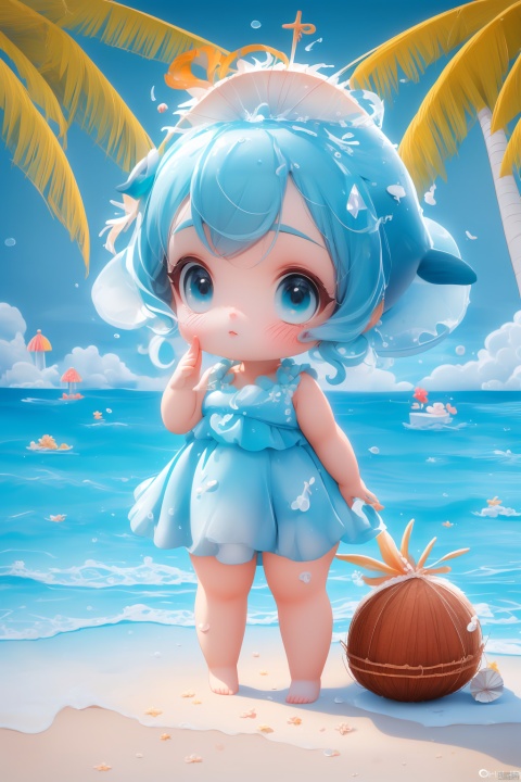  (masterpiece), (best quality), Exquisite visuals, high-definition, (ultra detailed), finely detail, Kawai, loveliness, standing, ((full body)), a slightly shy loli ,The environment is next to the beach, with coconut trees and many seashells on the beach,, ty-hd, jpp-hd, gf-hd, ll-hd