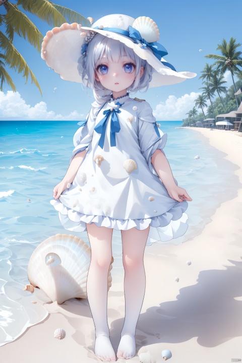  (masterpiece), (best quality), Exquisite visuals, high-definition, (ultra detailed), finely detail, ((solo)), (white Silver hair), (gradient Blue), (beautiful detailed eyes), Kawai, loveliness,standing, ((full body)),
a shell with short white hair, anthropomorphic shells, wearing a white shell outfit . (((Shell clothes：1.8, and hats))).
The environment is next to the beach, with coconut trees and many seashells on the beach
, bk-hd, pf-hd, ll-hd, kme-hd