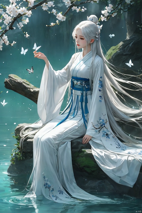 (masterpiece, top quality, best quality, official art, beautiful and aesthetic:1.2),gf-hd, long hair, solo, bug, butterfly, white hair, 1girl, branch, flower, sitting, water, white butterfly, chinese clothes, silk, long sleeves