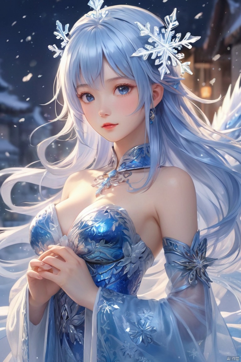  ((best quality)), ((masterpiece)), ((ultra-detailed)), extremely detailed CG, (illustration), ((detailed light)), (an extremely delicate and beautiful), a girl, solo, ((upper body,)), ((cute face)), expressionless, (beautiful detailed eyes), full breasts, (medium breasts:1.2), blue dragon eyes, (Vertical pupil:1.2), white hair, shiny hair, colored inner hair, [Armor_dress], blue_hair ornament, ice adorns hair,depth of field, [ice crystal], (snowflake), dofas, tqj-hd, chinese new year