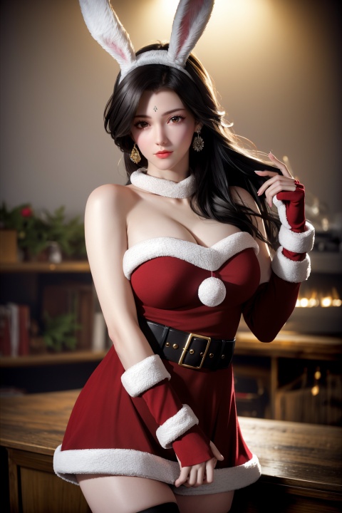 (8k, RAW photo, best quality, masterpiece:1.2),hatching (texture),skin gloss,light persona,
(high detailed skin),glossy skin,
1girl,solo,very long hair,rabbit ears,animal ears,bare shoulders,belt,christmas,red dress,fingerless gloves,santa costume,striped thighhighs,full_body,
xwhd,looking at viewer,