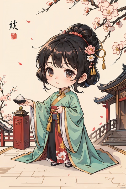  (Masterpiece), (Best Quality), 1girl,chibi,Black hair,Exquisite hair accessories,hanfukozue,chinese clothes,hanfu,imperial palace​,chinese room,Ancient Chinese architectural background,Short tabby catpeachblossom,pink