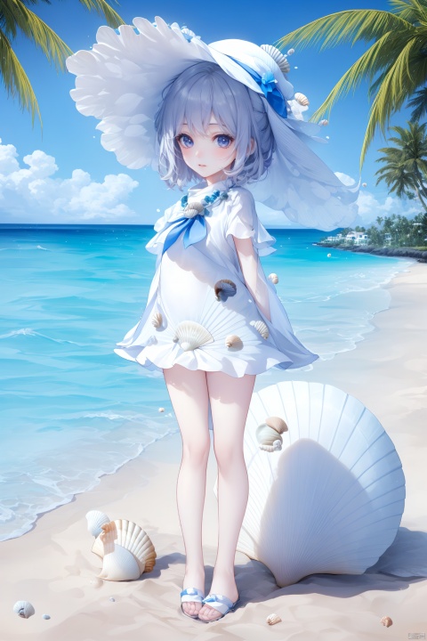  (masterpiece), (best quality), Exquisite visuals, high-definition, (ultra detailed), finely detail, ((solo)), (white Silver hair), (gradient Blue), (beautiful detailed eyes), Kawai, loveliness,standing, ((full body)),
a shell with short white hair, anthropomorphic shells, wearing a white shell outfit . (((Shell clothes：1.8, and hats))).
The environment is next to the beach, with coconut trees and many seashells on the beach
, bk-hd, pf-hd, ll-hd, kme-hd
