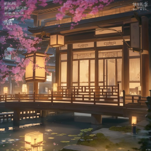no humans,(8k, RAW photo, best quality, masterpiece:1.2),hatching (texture),skin gloss,light persona,
(high detailed skin),
scenery,no humans,architecture,east asian architecture,lantern,water,chinese text,lily pad,tree,candle,cherry blossoms,bridge, ty-hd, gf-hd, mz-hd