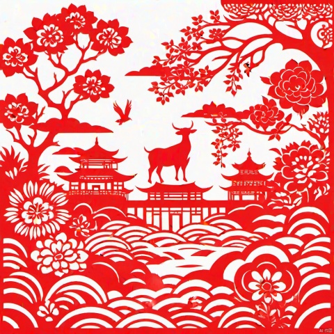 masterpiece,high quality,paper-cut art,nobody,solo,a big red flower,paper-cut style,Chinese style,Chinese year,festive,cattle,river