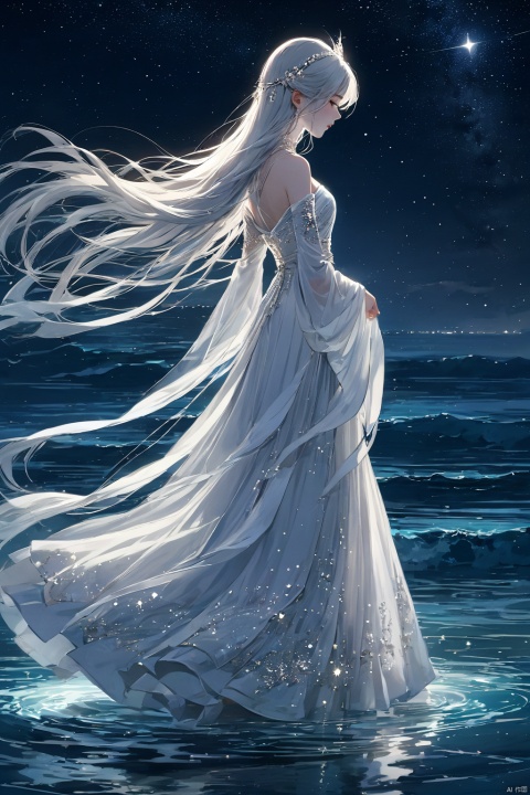  (masterpiece, top quality, best quality, official art, beautiful and aesthetic:1.2),gf-hd, 1girl, long hair, solo, water, night, dress, sky, white hair, hair ornament, night sky, wading, star \(sky\), white dress, from side