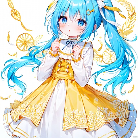  (8k, RAW photo, best quality, masterpiece:1.2),(yellow theme:1.6),loli, solo, long hair, looking at viewer, blush, bangs, blue eyes, simple background, shirt, hair ornament, long sleeves, white background, dress, bow, ribbon, hair between eyes, very long hair, blue hair, hair ribbon, white shirt, hair bow, frills, parted lips, sleeveless, puffy sleeves, :o, side ponytail, sleeves past wrists, hands up, sleeveless dress, blue dress, frilled dress, feathers, white ribbon, pleated dress, white feathers, wing hair ornament
jpe-hd,ll-hd, ty-hd, pf-hd