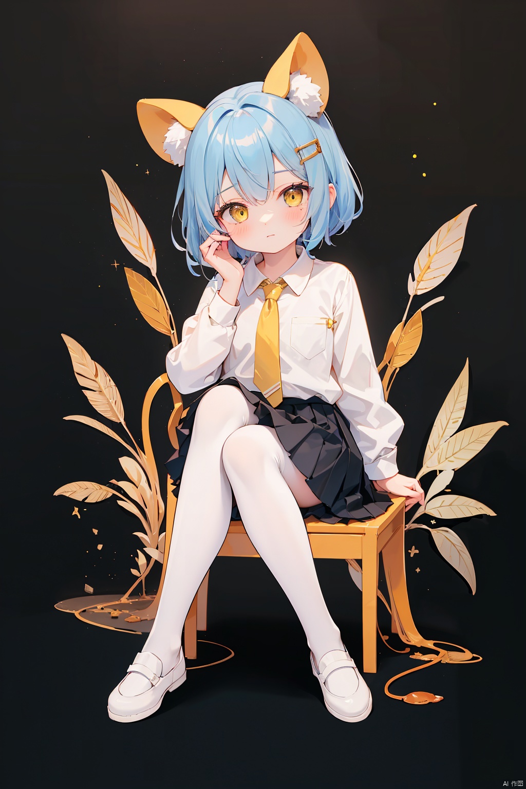  (8k, RAW photo, best quality, masterpiece:1.2),(yellow theme:1.6),loli, Best-A,masterpiece,best quality,high quality,(colorful),[ru_zhai],[Artist miwano rag],[Artist chen bin],[Artist wlop],[Artist myush],(black background:1.2),simple background,yamada ryo,solo,1girl,short hair,blue hair,parted bangs,asymmetrical sidelocks,hairclip,yellow eyes,mole under eye,expressionless,closed mouth,arm_at_side,sitting,invisible chair,looking at viewer,crossed legs,pantyhose,shimokitazawa high school uniform,long sleeves,sleeves rolled up,white collared shirt,shirt tucked in,pleated skirt,(black skirt:0.9),(blue skirt:0.1),(black pantyhose:0.8),(brown pantyhose:0.2),blue necktie,
负向提示jpe-hd,ll-hd, ty-hd, pf-hd