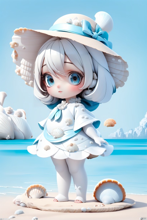  (masterpiece), (best quality), Exquisite visuals, high-definition, (ultra detailed), finely detail, ((solo)), (white Silver hair), (gradient Blue), (beautiful detailed eyes), Kawai, loveliness,standing, ((full body)),
a shell with short white hair, anthropomorphic shells, wearing a white shell outfit . (((Shell clothes：1.8, and hats))).
The environment is next to the beach, with coconut trees and many seashells on the beach
, bk-hd, pf-hd, ll-hd