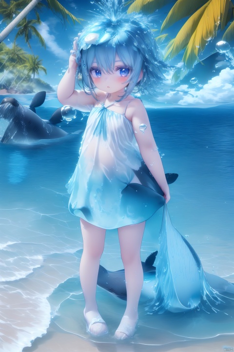  (masterpiece), (best quality), Exquisite visuals, high-definition, (ultra detailed), finely detail, Kawai, loveliness, standing, ((full body)), a slightly shy loli with short blue hair,anthropomorphic whale,a center cut, (child:1.2),whale clothing,blue skirt,(((spray water on the head, there is a water column on the head))),there are many colorful bubbles around,melting clothes, clothes made of water,whale tail,The environment is next to the beach, with coconut trees and many seashells on the beach,, ty-hd, jpp-hd, figure