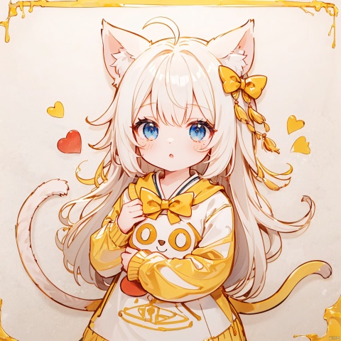  (8k, RAW photo, best quality, masterpiece:1.2),(yellow theme:1.6),loli, solo, long hair, looking at viewer, blush, bangs, blue eyes, simple background, hair ornament, long sleeves, white background, bow, animal ears, tail, upper body, ahoge, white hair, hair bow, heart, parted lips, cat ears, :o, cat tail, black bow, stuffed toy, stuffed animal, x hair ornament, cat girl, heart hair ornament
jpe-hd,ll-hd, ty-hd, pf-hd