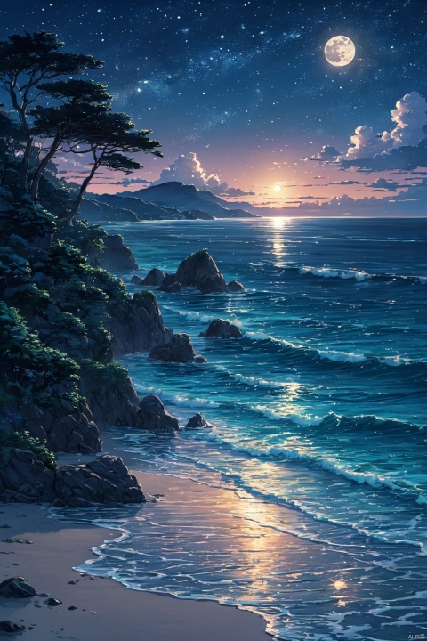  (masterpiece, top quality, best quality, official art, beautiful and aesthetic:1.2),(1girl:1.2),cute,extreme detailed,outdoors, sky, cloud, water, tree, no humans, night, ocean, beach, moon, star \(sky\), night sky, scenery, starry sky, sunset, rock, sand, sun, horizon, waves, shore