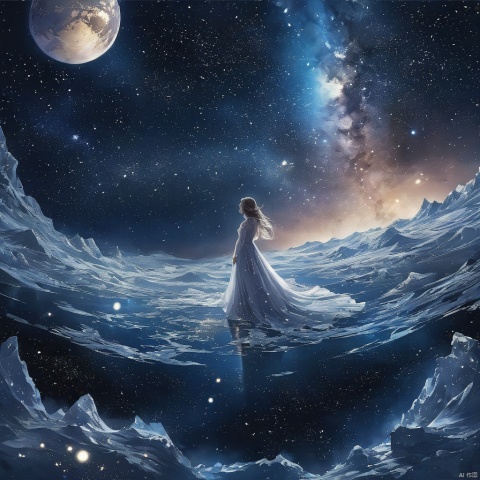  1 girl, adrift in a sea of stars, clad in a shimmering dress that mirrors the cosmos, crowned with a tiara of twinkling constellations, delicate bracelets of stardust encircling her wrists, her eyes reflecting the vastness of space, floating amidst nebula clouds, planets visible in the distance, comet tail streaking by, celestial beings watching over her, a sense of wonder and exploration, serene and peaceful, otherworldly beauty., hubg_jsnh, yyy,ccc, Hyperdetailed Photography, glow, ((poakl)), g011, bailing_ice_sculpture