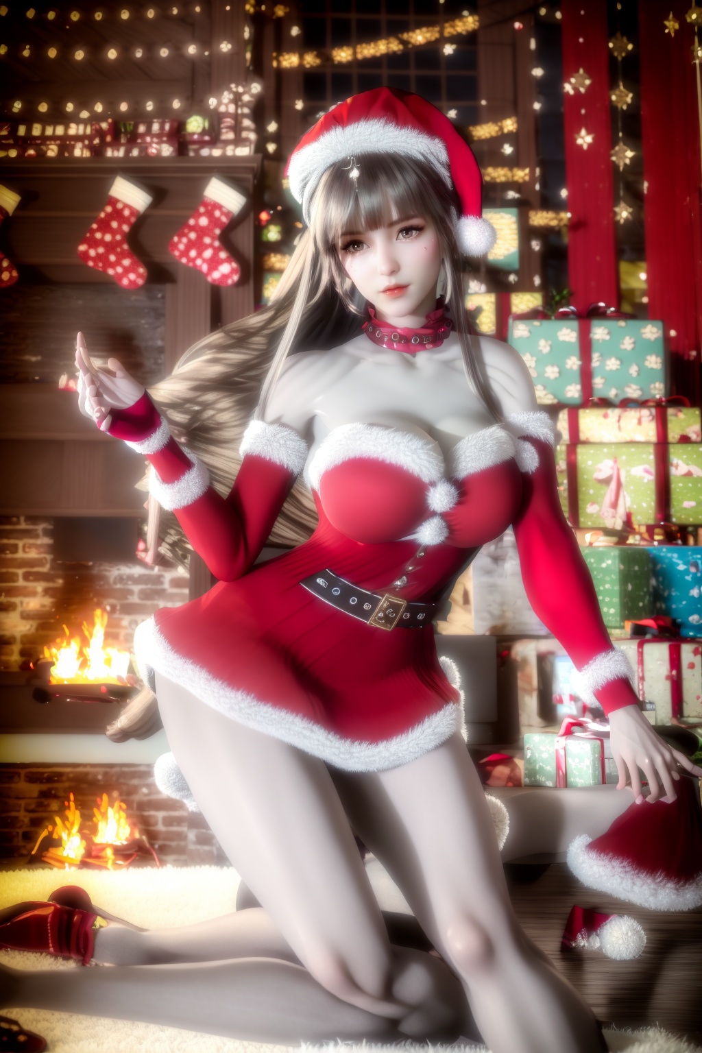 (8k, RAW photo, best quality, masterpiece:1.2),hatching (texture),skin gloss,light persona,
(high detailed skin),glossy skin,
1girl,solo,teddy bear,stuffed animal,gift,stuffed toy,christmas tree,christmas,box,window,gift box,fireplace,hat,santa hat,long hair,panties,indoors,candle,fire,
very long hair,bare shoulders,belt,christmas,red dress,fingerless gloves,santa costume,striped thighhighs,