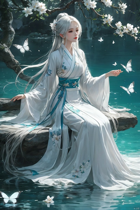  (masterpiece, top quality, best quality, official art, beautiful and aesthetic:1.2),gf-hd, long hair, solo, bug, butterfly, white hair, 1girl, branch, flower, sitting, water, white butterfly, chinese clothes, silk, long sleeves