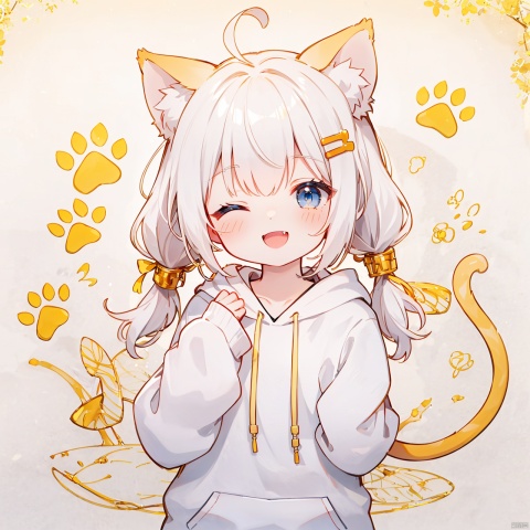  (8k, RAW photo, best quality, masterpiece:1.2),(yellow theme:1.6),loli, solo, long hair, looking at viewer, blush, smile, open mouth, bangs, blue eyes, hair ornament, long sleeves, white background, animal ears, twintails, upper body, ahoge, white hair, one eye closed, hairclip, fang, cat ears, hand up, hood, animal ear fluff, sleeves past wrists, hoodie, hood down, ;d, clothes writing, drawstring, paw print, white hoodie,
jpe-hd,ll-hd, ty-hd, pf-hd