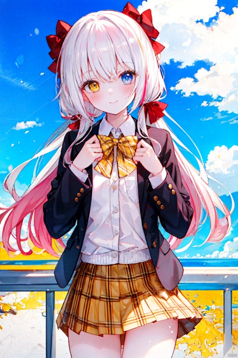  (8k, RAW photo, best quality, masterpiece:1.2),(yellow theme:1.6),loli, solo, long hair, looking at viewer, blush, smile, bangs, blue eyes, skirt, shirt, red eyes, long sleeves, bow, hair between eyes, twintails, very long hair, closed mouth, school uniform, standing, jacket, white shirt, pink hair, white hair, hair bow, multicolored hair, cowboy shot, pleated skirt, outdoors, open clothes, sky, striped, collared shirt, cloud, miniskirt, bowtie, red bow, open jacket, plaid, hands up, dress shirt, gradient hair, red skirt, low twintails, heterochromia, plaid skirt, blazer, red bowtie, sunset, striped bow, railing,
jpe-hd,ll-hd, ty-hd, pf-hd