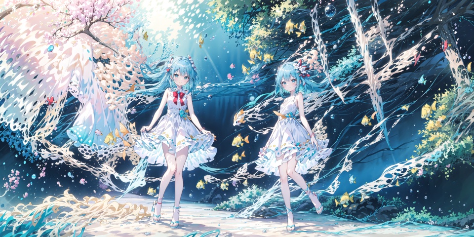  (1girl:0.6),thin,very long hair,(blue hair),white hair ends,small breasts,sea blue eyes,closed mouth,white dress,([coral like hairpin]),happy,bubble,fish,sand,seabed,full body,masterpiece,best quality,official art,extremely detailed CG unity 8k wallpaper,vibrantProj,msn,backlight,COLORS,ll-hd, mz-hd