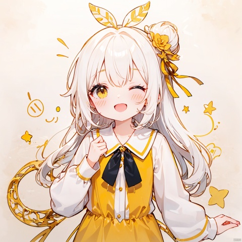  (8k, RAW photo, best quality, masterpiece:1.2),(yellow theme:1.6),loli,solo, long hair, looking at viewer, blush, smile, open mouth, bangs, simple background, shirt, red eyes, long sleeves, white background, dress, ribbon, hair ribbon, white shirt, upper body, white hair, one eye closed, puffy sleeves, hair bun, star \(symbol\), english text, v, blue dress, hair intakes, ;d, blue ribbon, puffy long sleeves
jpe-hd,ll-hd, ty-hd, pf-hd