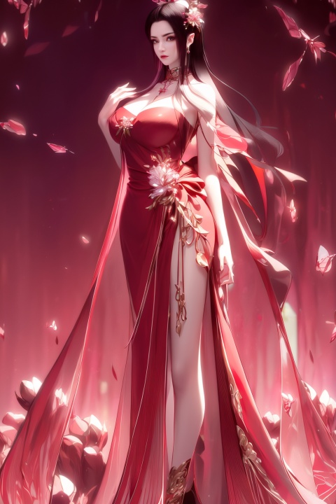 Masterpiece, top quality, 1 girl, hanfu, Summer clothes, exquisite details, sheer dress, Sexy, high quality, 8k,(Red) Dress,red dress, Long Black Hair,  Beautiful Custom Figure,(1 Girl), (Delicate and Gorgeous Crystal:1.4) , 
(Peonies blossom background:1.4),houtufeng,yuyao,meimo,mds-hd