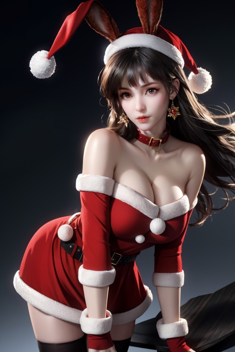 (8k, RAW photo, best quality, masterpiece:1.2),hatching (texture),skin gloss,light persona,
(high detailed skin),glossy skin,
1girl,solo,very long hair,rabbit ears,animal ears,bare shoulders,belt,christmas,red dress,fingerless gloves,santa costume,striped thighhighs,full_body,
xwhd,looking at viewer,
