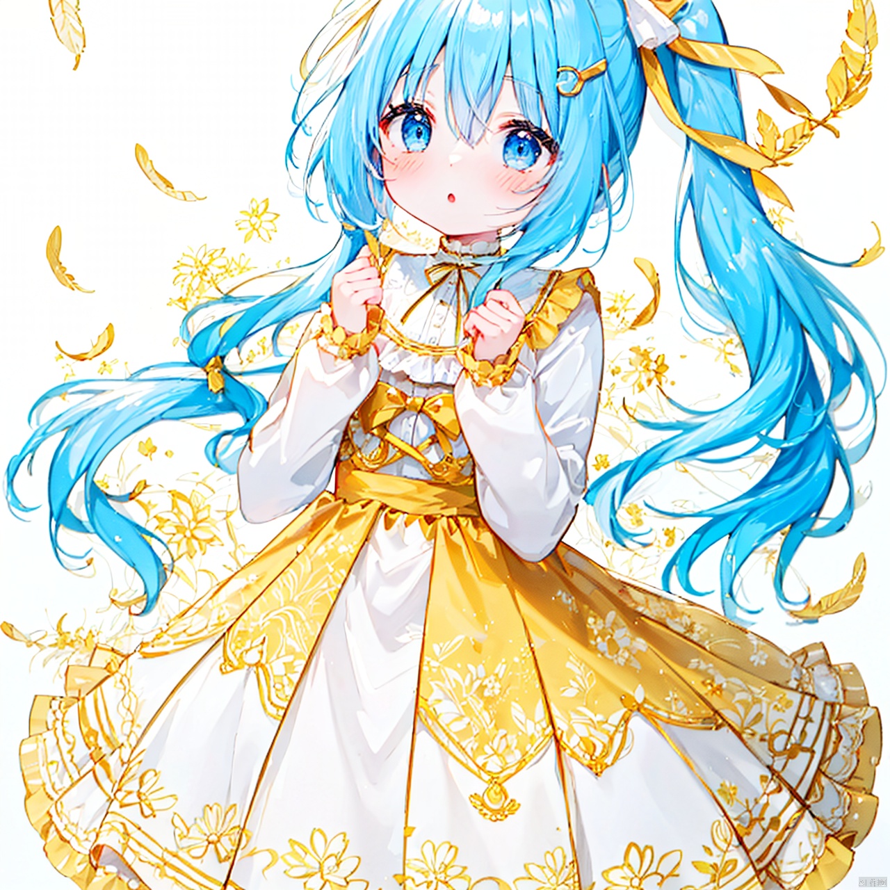  (8k, RAW photo, best quality, masterpiece:1.2),(yellow theme:1.6),loli, solo, long hair, looking at viewer, blush, bangs, blue eyes, simple background, shirt, hair ornament, long sleeves, white background, dress, bow, ribbon, hair between eyes, very long hair, blue hair, hair ribbon, white shirt, hair bow, frills, parted lips, sleeveless, puffy sleeves, :o, side ponytail, sleeves past wrists, hands up, sleeveless dress, blue dress, frilled dress, feathers, white ribbon, pleated dress, white feathers, wing hair ornament
jpe-hd,ll-hd, ty-hd, pf-hd