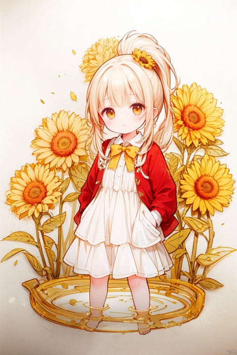  (8k, RAW photo, best quality, masterpiece:1.2),loli,petite,long hair, red Jacket,high ponytail,collared shirt,hair flower,fipped hair,floating hair,Frown,hands in pockets,dress,bowtie,(solo),sky, skyline, skyscraper, smile, solo, sunflower, tower-line art,flower-line art,,jpe-hd,ll-hd, ty-hd, pf-hd,yellow theme,simple_background,artist:nano