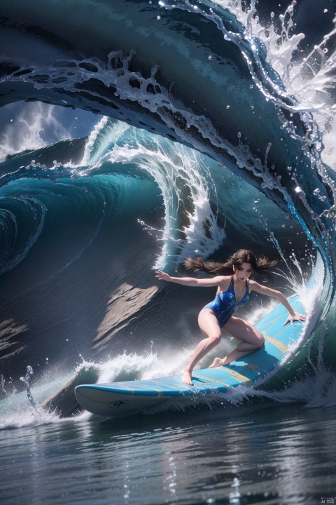  masterpiece, best quality, official art, extremely detailed CG unity 8k wallpaper, day, sun, girl, solo, competition swimsuit, ocean, (surf riding, surfing, realism:1.2),mascot, color, ty-hd, gf-hd, lmw-hd