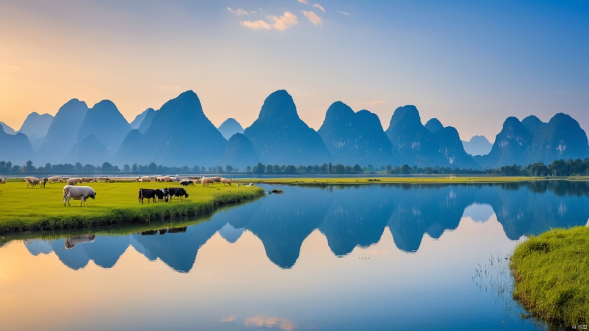  Landscape of Guilin,lakes,Reflect the sky,Sailimu Lake,Grassland, snow capped mountains, blue lake water, reflected light, blue sky, cows, sheep