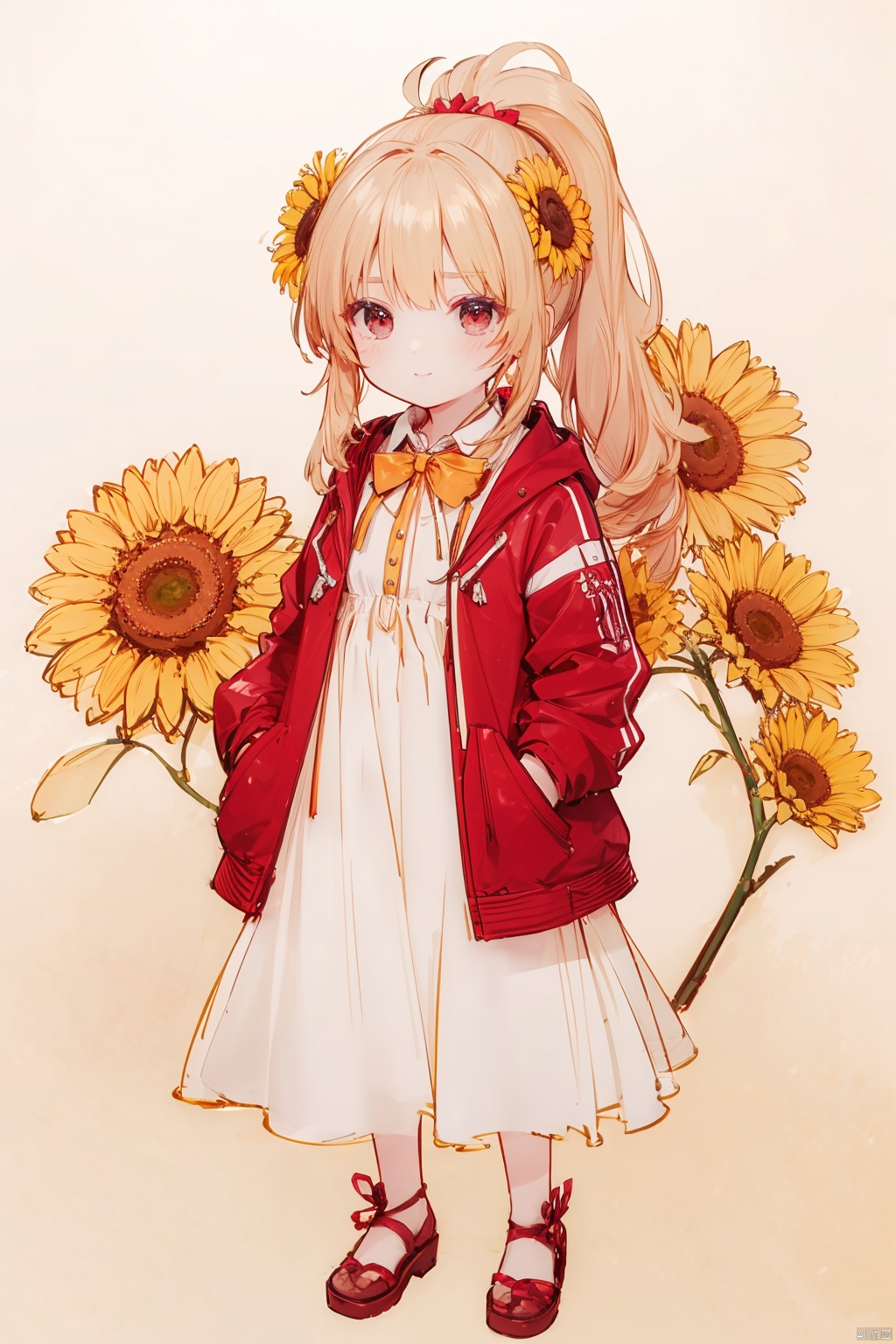  (8k, RAW photo, best quality, masterpiece:1.2),loli,petite,long hair, red Jacket,high ponytail,collared shirt,hair flower,fipped hair,floating hair,Frown,hands in pockets,dress,bowtie,(solo),sky, skyline, skyscraper, smile, solo, sunflower, tower-line art,flower-line art,,jpe-hd,ll-hd, ty-hd, pf-hd,yellow theme,simple_background