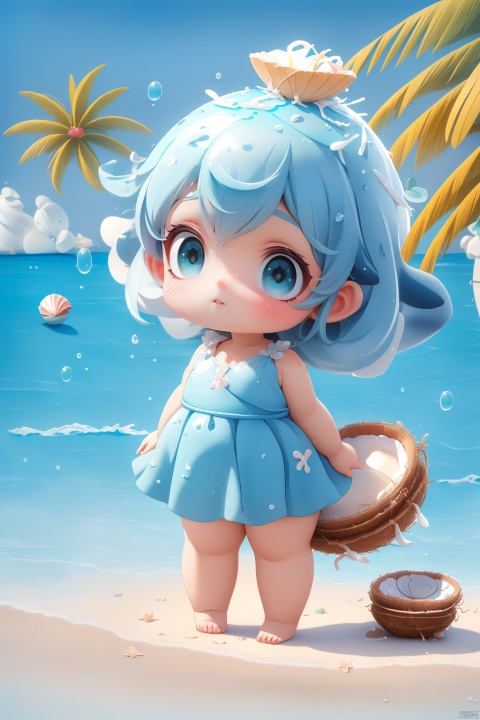  (masterpiece), (best quality), Exquisite visuals, high-definition, (ultra detailed), finely detail, Kawai, loveliness, standing, ((full body)), a slightly shy loli ,The environment is next to the beach, with coconut trees and many seashells on the beach,, ty-hd, jpp-hd, gf-hd
