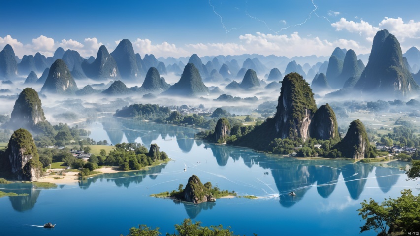  Landscape of Guilin,lakes,Reflect the sky,(Jet hole blue flame and lightning 1.0),(Adequate sunlight 1.5),(Optical materials 1.0),(Water in glass materials 1.5),(beach 1.0),(wonderland 1.0),Overlooking,,(sea 1.9),,Representative,boutique, Ultra HD, , reflection, masterpiece, true light and shadow, wide Angle, outdoors, sky, day,, blue sky, (no humans 99.9),nature, scenery, Water, (High Quality), Best Quality, (4K), 8K, Super Detail, (Full Detail), (Masterpiece), (Realistic), Super Detail, (Exquisite Detail), Intricate, Traditional Chinese Ink Painting,Mountain peaks, blue sky, flowing water,Wild goose, Scenery,